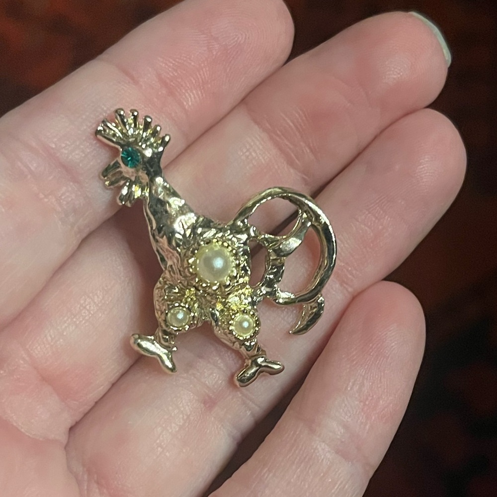 Gold Rooster Brooch with Pearl Accents and Green Rhinestone Eye